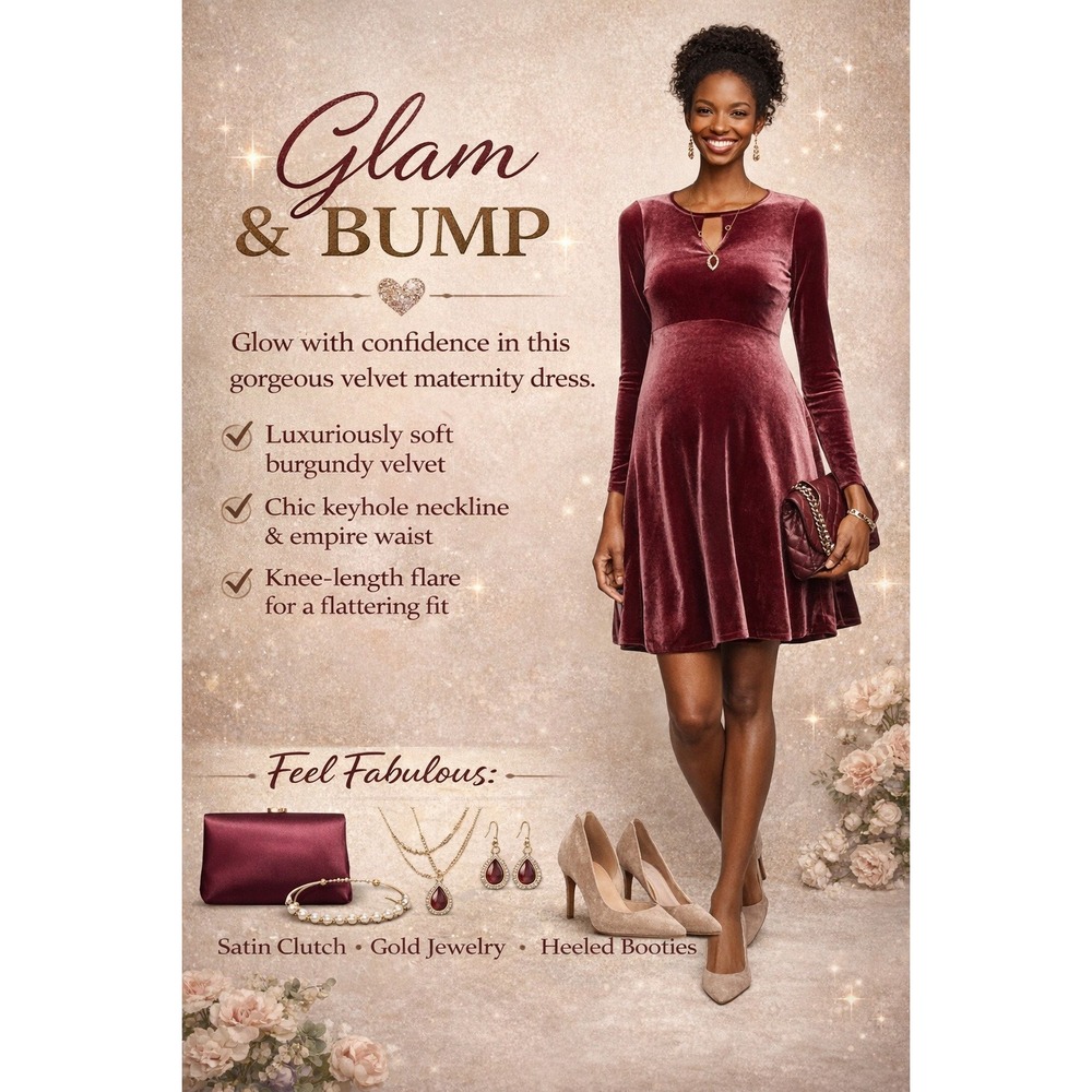 A Pea in the Pod Glam & Bump Maternity Velvet chic luxurious Dress Plum Medium